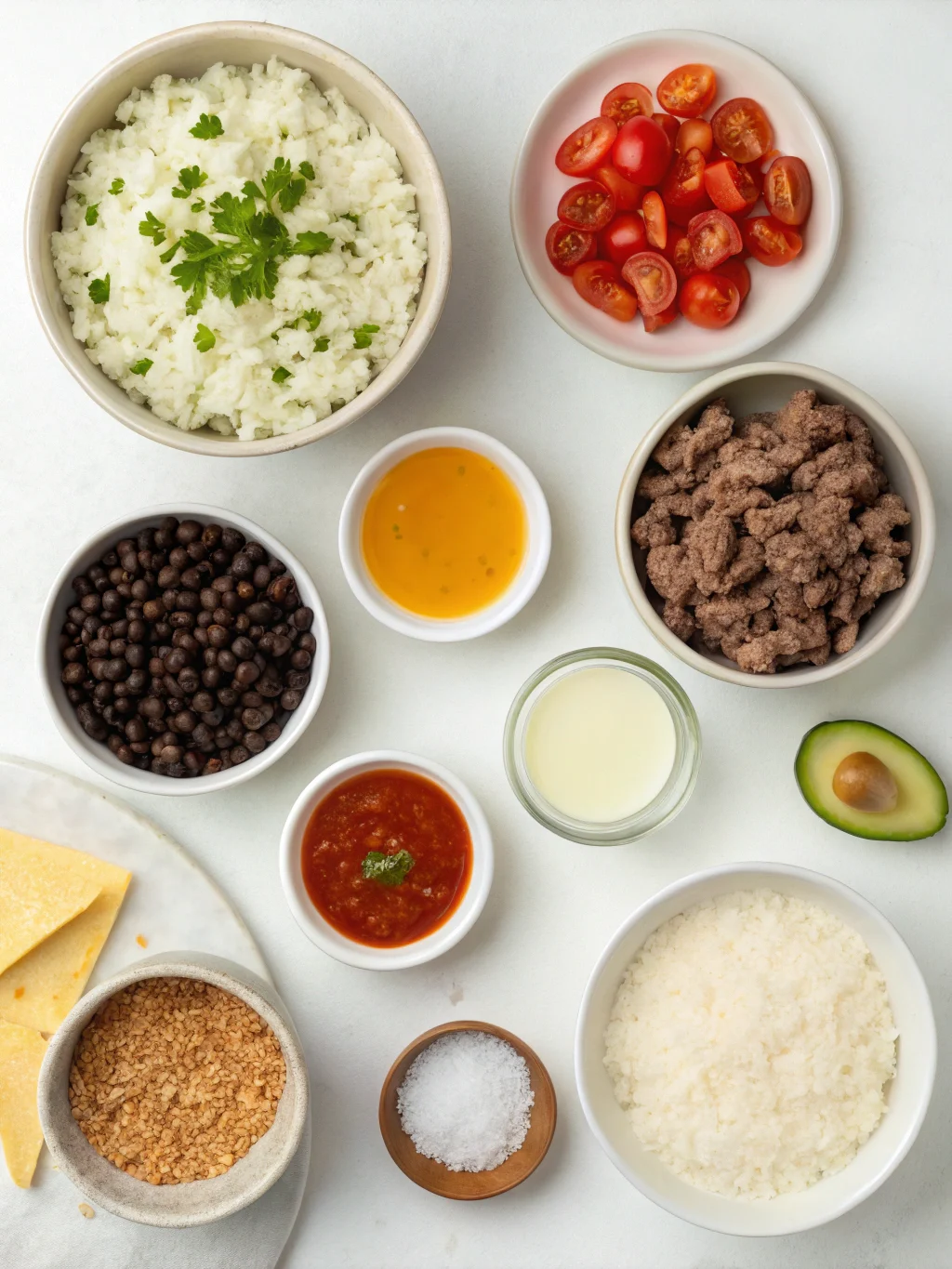 How to Make Cheesy Baked Burrito Rice in 30 Minutes 1 Make Cheesy Baked Burrito Rice in 30 Minutes white rice, chicken broth, vegetable broth, oil, onion, bell pepper, garlic, ground beef, black beans, taco seasoning, cumin, salt, salsa, sour cream, cheddar cheese, cilantro, tomatoes, avocado