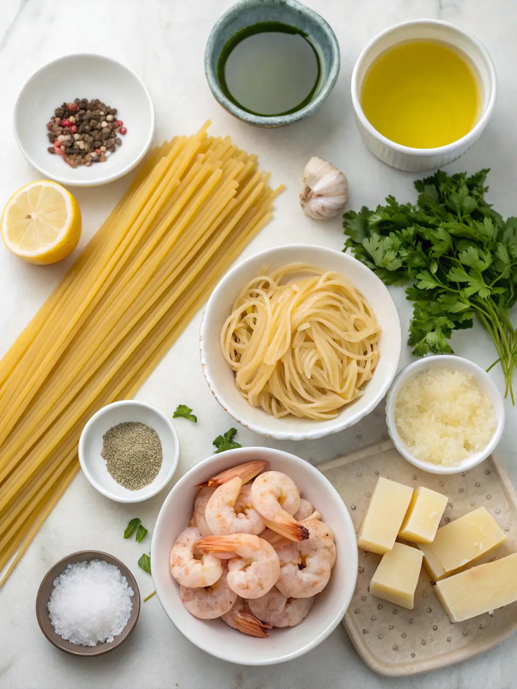 Best Shrimp Scampi Pasta Recipe: 5-Minute Dinner Delight! 1 linguine, spaghetti, pasta, shrimp, butter, olive oil, garlic, red pepper flakes, white wine, broth, lemon, parsley, salt, black pepper, Parmesan cheese